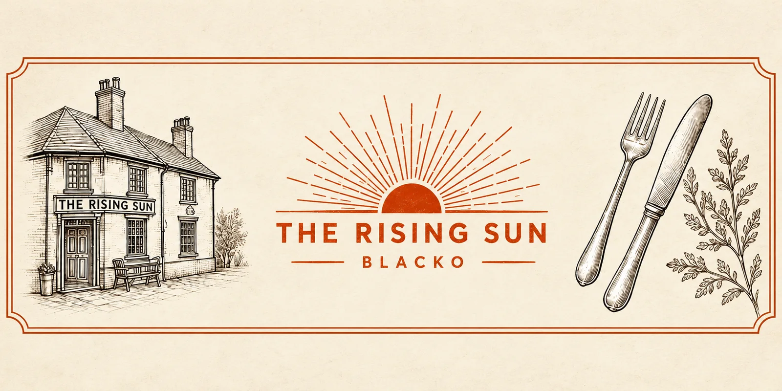 Illustrated Rising Sun pub, sun emblem and cutlery in the supplied menu style
